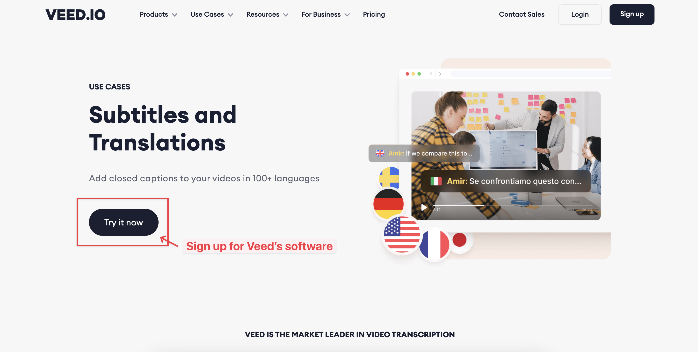 Veed using their own product as the CTA on their programmatic pages